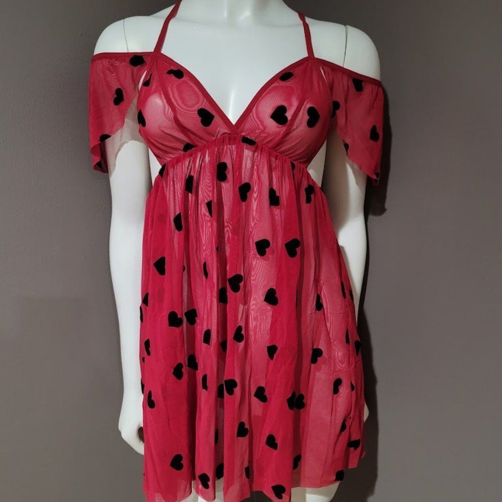 Heart Print Ruffle Mesh Slip Lingerie - Picture 2 of 7